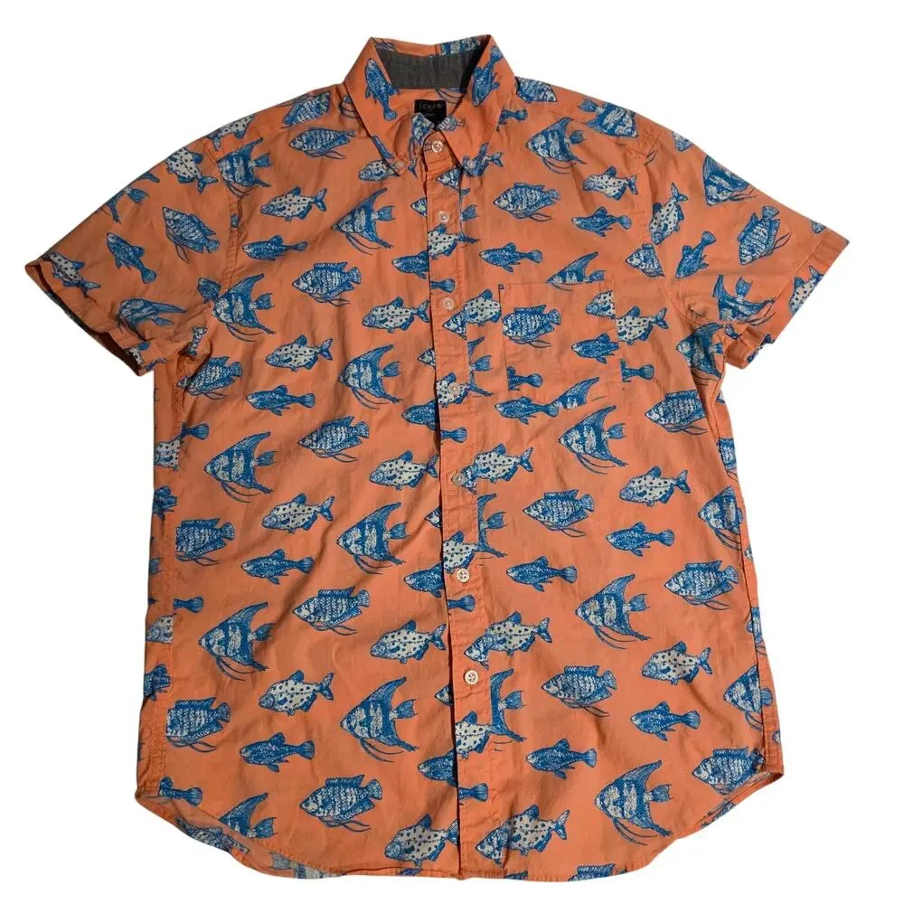 J.Crew Slim Fit Fish Print Short Sleeve Secret Wash‎ Shirt Medium Salmon AOP